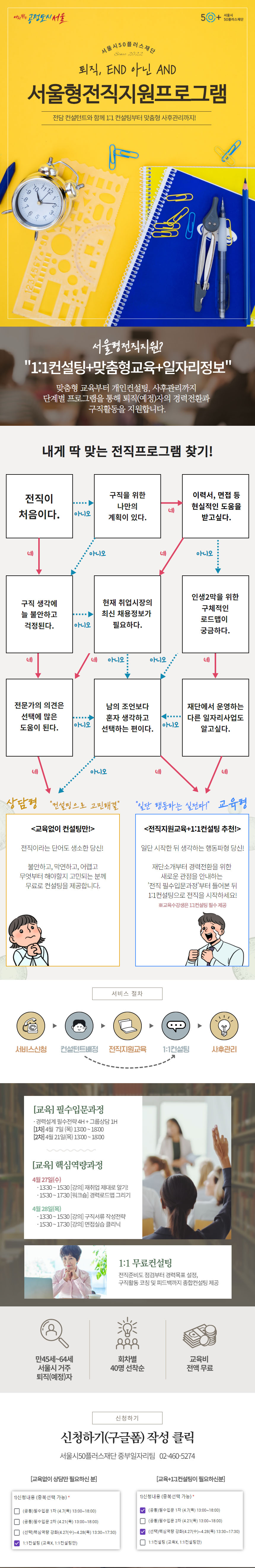 다시뛰는 공정도시 서울
50+서울시 50플러스재단
서울시 50플러스재단
퇴직, END 아닌 AND
서울형전직지원프로그램
전담 컨설턴트와 함께 1:1 컨설팅부터 맞춤형 사후관리까지!
서울형전직지원?
1:1컨설팅+맞춤형교육+일자리정보
맞춤형 교육부터 개인컨설팅, 사후관리까지
단계별 프로그램을 통해 퇴직(예정)자의 경력전환과
구직활동을 지원합니다.
내게 딱 맞는 전직프로그램 찾기!
전직이 처음이다
구직을 위한 나만의 계획이 있다
이력서, 면접등 현실적인 도움을 받고 싶다
구직 생각에 늘 불안하고 걱정된다
현재 취업시장의 최신 채용정보가 필요하다
인생2막을 위한 구체적인 로드맵이 궁금하다
전문가의 의견은 선택에 많은 도움이 된다
남의 조언보다 혼자 생각하고 선택하는 편이다
재단에서 운영하는 다른 일자리사업도 알고 싶다
상담형 컨설팅으로 고민해결
교육 없이 컨설팅만!
전직이라는 단어도 생소한 당신!
불안하고, 막연하고, 어렵고
무엇부터 해야할지 고민되는 분께
무료로 컨설팅을 제공합니다
일단 행동하는 실전파! 교육형
전직지원교육+1:1컨설팅 추천!
일단 시작한 뒤 생각하는 행동파형 당신!
재단소개부터 경력전환을 위한
새로운 관점을 안내하는
전직 필수입문과정 부터 들어본 뒤
1:1컨설팅으로 전직을 시작하세요!
교육수강생은 1:1컨설팅 필수 제공
서비스 절차
서비스신청,컨설턴트배정,전직지원교육,1:1컨설팅,사후관리
교육 필수입문과정
경력설계 필수전략 4H + 그룹상담 1H
1차 4월 7일 (목) 13:00 ~ 18:00
2차 4월 21일 (목) 13:00 ~ 18:00
교육 핵심역량과정
4월 27일(수)
13:30 ~ 15:30 강의 재취업 제대로 알기!
15:30 ~ 17:30 워크숍 경력로드맵 그리기
4월 28일(목)
13:30 ~ 15:30 강의 구직서류 작성전략
15:30 ~ 17:30 강의 면접실습 클리닉
1:1 무료컨설팅
전직준비도 점검부터 경력목표 설정,
구직활동 코칭 및 피드백까지 종합컨설팅 제공
만45세~64세 서울시 거주 퇴직(예정)자
회차별 40명 선착순
교육비 전액 무료
신청하기
신청하기(구글폼) 작성 클릭
서울시50플러스재단 중부일자리팀 02-460-5274
교육없이 상담만 필요하신분
1.신청내용(중복선택가능)
(공통)필수입문 1차(4.7(목) 13:~18:00)
(공통)필수입문 2차(4.21(목) 13:00~18:00)
(선택)핵심역량 강화(4.27(수)~4.28(목) 13:30~17:30)
1:1컨설팅(교육X, 1:1컨설팅만)
교육+1:1컨설팅이 필요하신분
1.신청내용(중복선택가능)
(공통)필수입문 1차(4.7(목) 13:~18:00)
(공통)필수입문 2차(4.21(목) 13:00~18:00)
(선택)핵심역량 강화(4.27(수)~4.28(목) 13:30~17:30)
1:1컨설팅(교육X, 1:1컨설팅만)